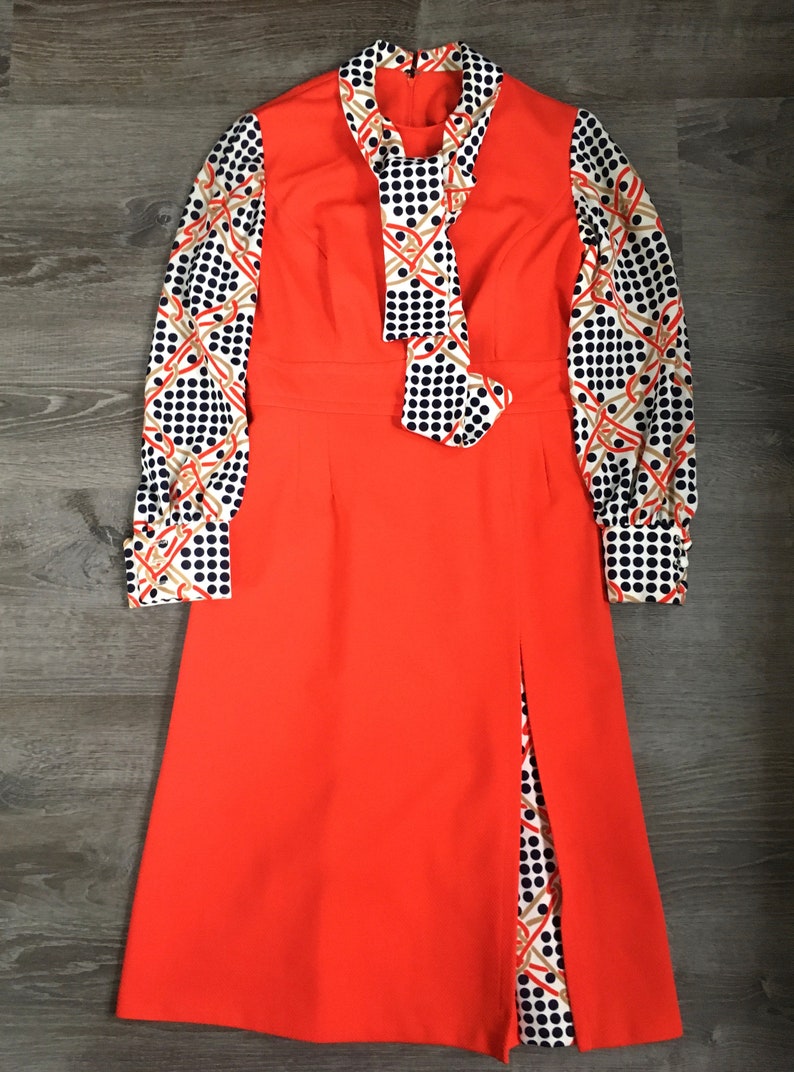 Vtg 1960s/1970s Orange and Navy Polka Dot Dress Intl Ladies Garment ILGWU BCSV 264156 image 7