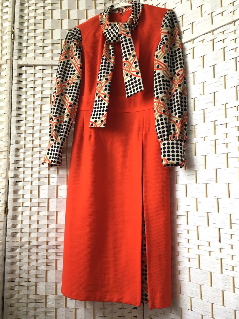 Vtg 1960s/1970s Orange and Navy Polka Dot Dress Intl Ladies Garment ILGWU BCSV 264156 image 2