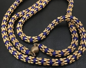 Vtg Mid-century Modern Style Blue and Gold Tone Claw/Crown and Round Shaped Beaded Necklace