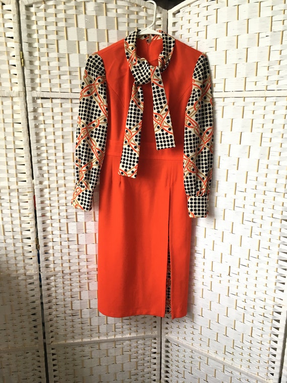 Vtg 1960s/1970s Orange and Navy Polka Dot Dress  … - image 1