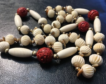 Vintage Carved Cinnabar Beaded Necklace