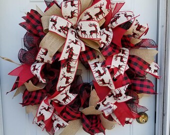 Buffalo plaid wreath, Christmas wreath for front door, Rustic Christmas wreath, Farmhouse Christmas decor, Holiday wreath, Winter door decor