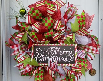 Merry Christmas Wreath for Front Door, Christmas Wreath, Merry Christmas Wreath, Winter Wreath, Holiday Wreath, Mesh Christmas Wreath Wreath