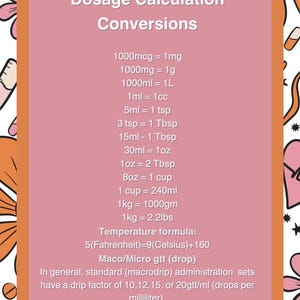 以下が含まれることがあります： 「Dosage Calculation Conversions」というタイトルのピンクとオレンジのイラスト入りガイド。ガイドには、重量、体積、温度のメートル法とヤード・ポンド法の換算表が掲載されています。また、薬物投与のための標準滴下率とマイクロ滴下率に関する情報も含まれています。