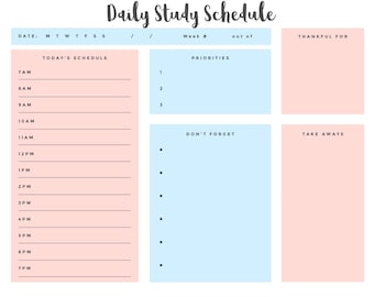 May include: A pink and blue daily study schedule planner with sections for "Today's Schedule", "Priorities", "Don't Forget", and "Take Aways".