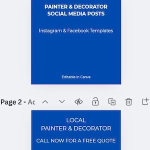 May include: Two blue social media templates for painters and decorators. The first template says "PAINTER & DECORATOR SOCIAL MEDIA POSTS" and "Instagram & Facebook Templates". The second template says "LOCAL PAINTER & DECORATOR" and "CALL NOW FOR A FREE QUOTE".
