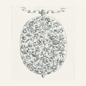 May include: A black and white line drawing of a decorative oval frame filled with a floral design. The frame is topped with a ribbon and a decorative finial.