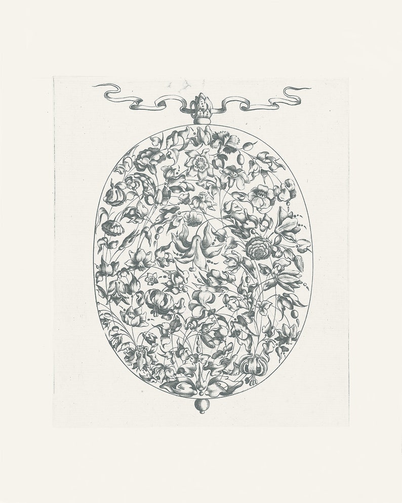 May include: A black and white line drawing of a decorative oval frame filled with a floral design. The frame is topped with a ribbon and a decorative finial.