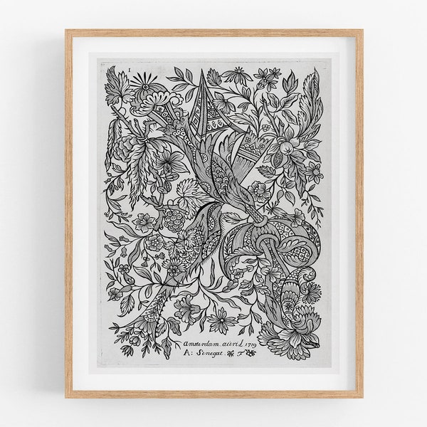 Dutch Flower Design Etching in B&W Art Print #75