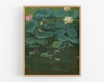 Lotus Flower Painting Art Print / Water lily Painting / Vintage Painting / Flower Art / Flower Painting / Water Lily Art / Farmhouse Style