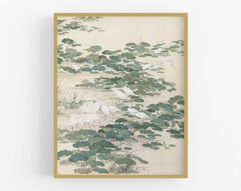 Impresión artística de flor de loto y garcetas / Decoración asiática / Arte / Arte de loto / Arte japonés / Arte floral / Chinoiserie / Arte de nenúfares / Arte asiático