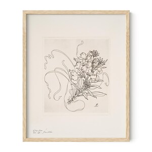May include: A black and white line drawing of a bouquet of flowers in a frame. The drawing is signed "E. Steinlen 92-22" in the bottom right corner.