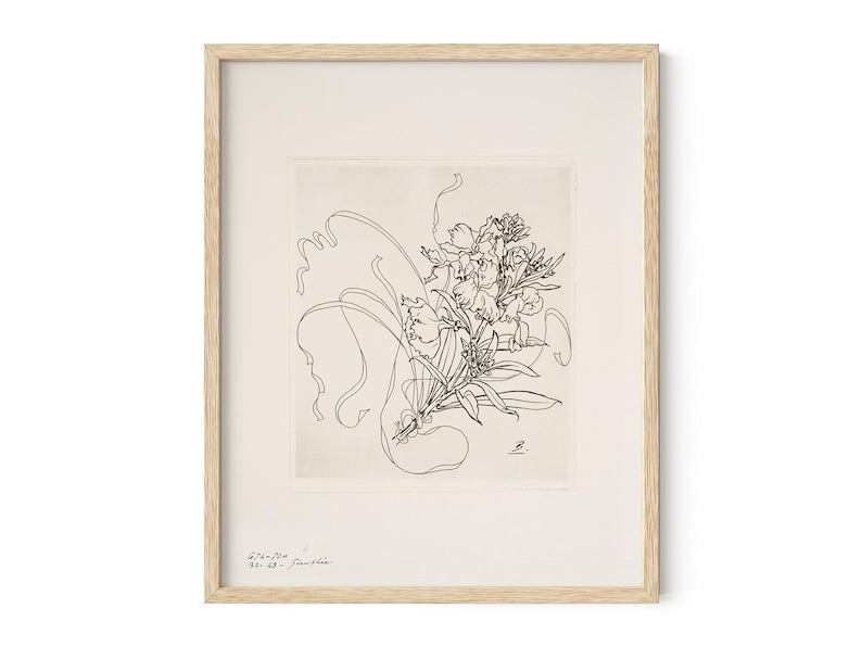 May include: A black and white line drawing of a bouquet of flowers in a frame. The drawing is signed "E. Steinlen 92-22" in the bottom right corner.