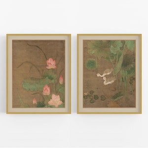 Chinese Duck and Lotus Flower Art Prints - Set of Two