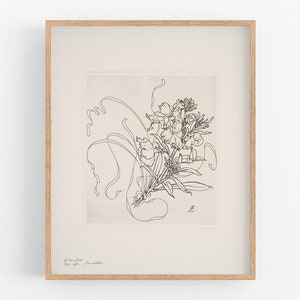 May include: Black and white line drawing of a bouquet of flowers in a vase. The drawing is signed "B." and dated "27-7-72 70-63 - Paris"