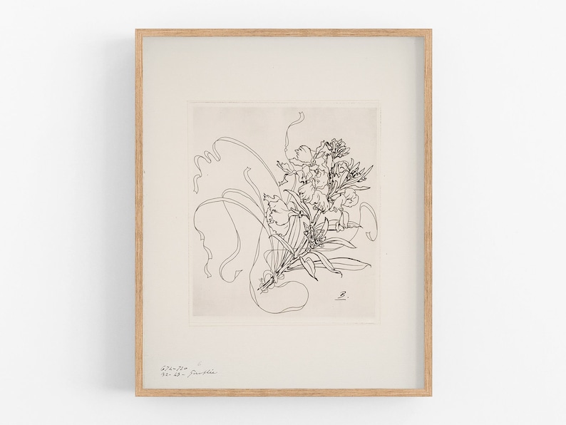 May include: Black and white line drawing of a bouquet of flowers in a vase. The drawing is signed "B." and dated "27-7-72 70-63 - Paris"