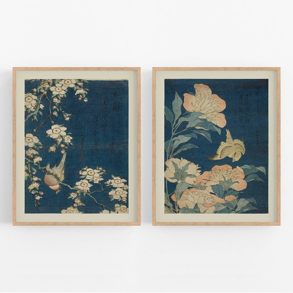 Set of Two Japanese Flower Art Prints / Vintage Art / Botanical Prints / Art Print / Japanese Art / Flower Art / Bird Art Print / Wall Decor