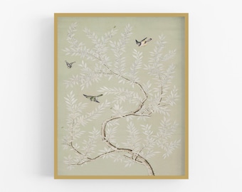 May include: A framed print of a delicate, white, stylized tree with birds and butterflies on a light green background.