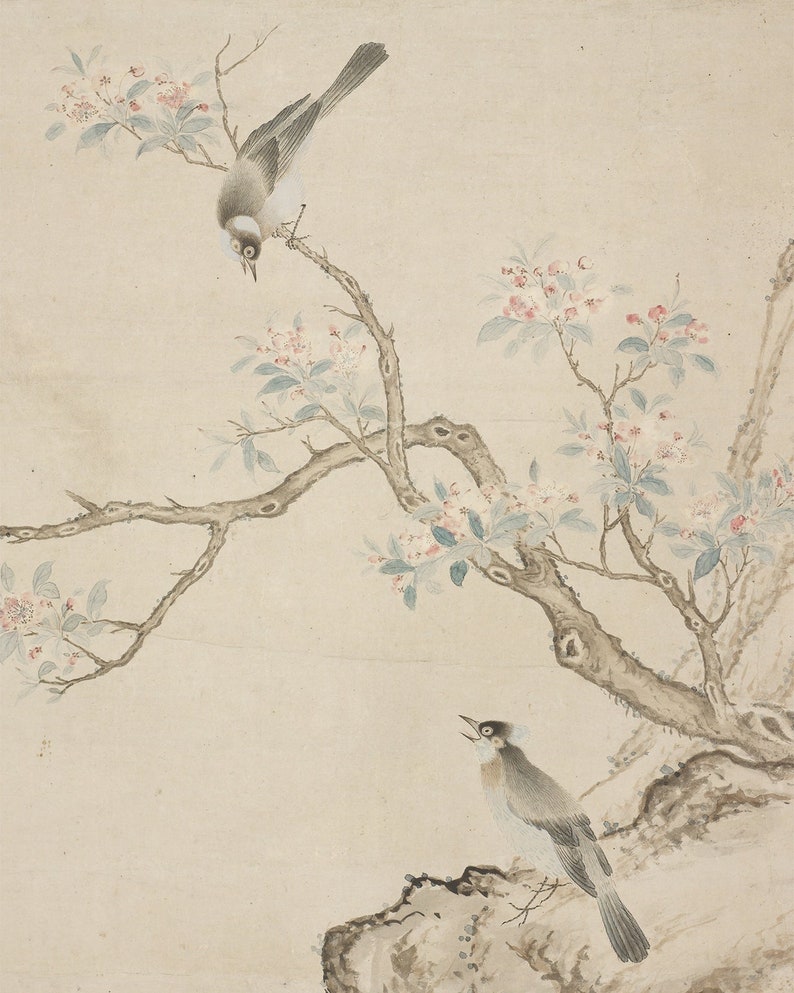 Birds in a crab-apple tree chinoiserie art print / vintage art / chinese art / bird art / wall decor / asian art / chinoiserie art / art image 2