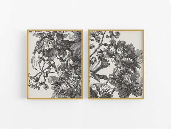 Set of Two Graphic Flower Etching Art Prints in Gray / Vintage 