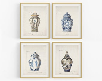 Vier französische Chinoiserie Ginger Jar Kunstdrucke / Art / French Art Print / Wanddeko / Asiatisch / Chinoiserie / Chinoiserie