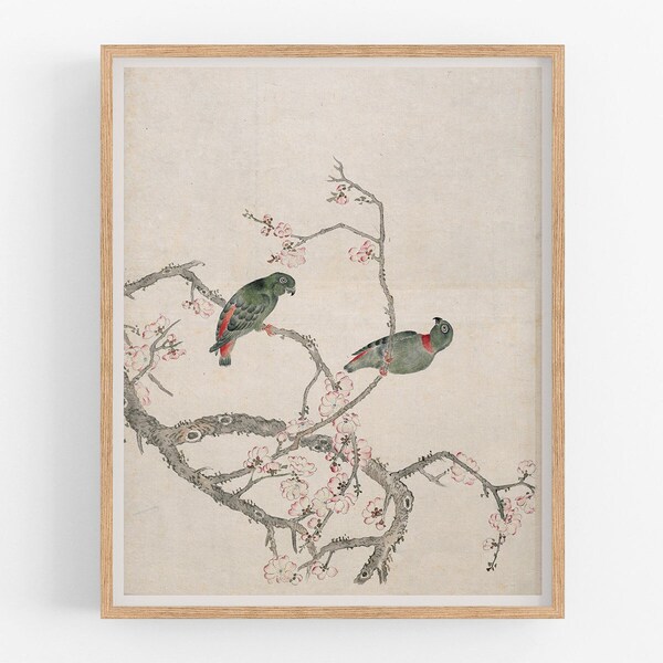 Japanese lovebird art print / vintage art / botanical art / chinoiserie / japanese art / bird art / wall decor / asian art / nursery art