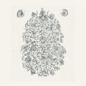 May include: A black and white line drawing of a bouquet of flowers with two butterflies on either side. The flowers are arranged in a circular shape and include tulips, lilies, and other varieties.