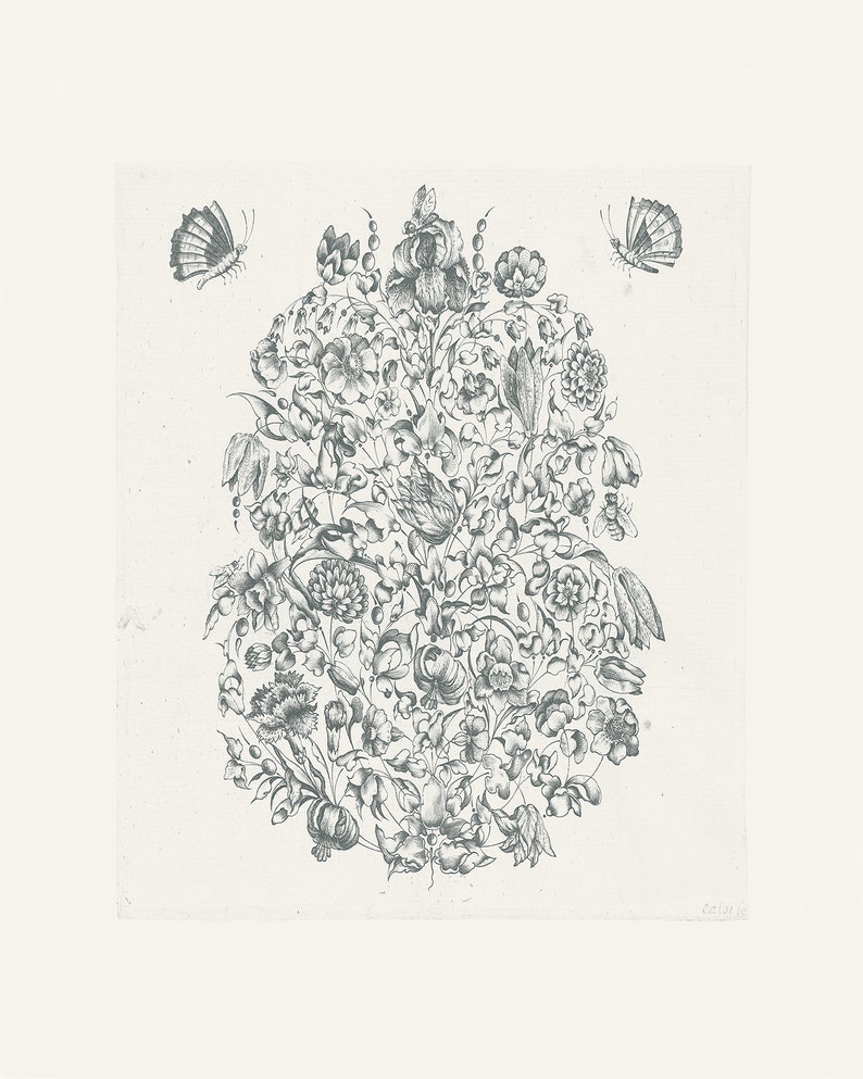 May include: A black and white line drawing of a bouquet of flowers with two butterflies on either side. The flowers are arranged in a circular shape and include tulips, lilies, and other varieties.