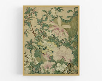 Flores em tons de verde e rosa, impressão artística em estilo Chinoiserie
