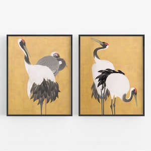 Set of Two Japanese Crane Art Prints /  Art / Asian Bird Art / Asian Art / Japanese Crane Art  / Chinoiserie / Bird Art / Wall Decor