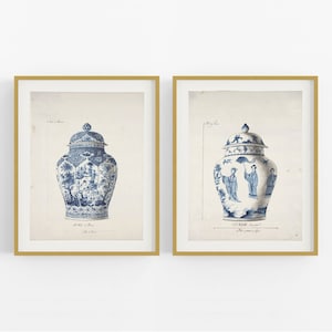 Blue French Chinoiserie Vase Ginger Jar Art Prints - Set of Two