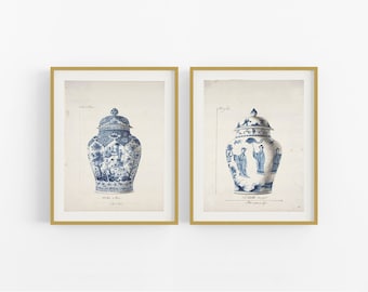 Blaue französische Chinoiserie Vase Ginger Jar Kunstdrucke - 2er Set