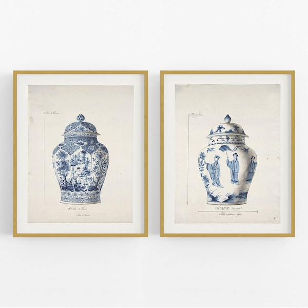 Set of Two Blue French Chinoiserie Vase Art Prints / Vintage Art / French Art / Wall Decor / Asian Art / Chinoiserie Art / Chinoiserie / Art