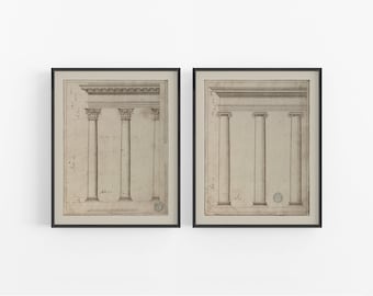 Op de afbeelding: Twee zwart ingelijste prints van architectonische tekeningen van kolommen en een entablement. De tekeningen zijn in zwart-wit en hebben een vintage esthetiek.