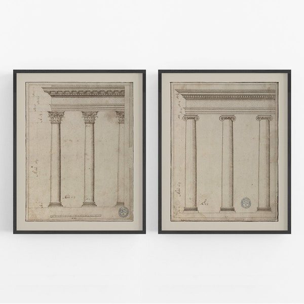 Set of Two Greek Column Drawings / Vintage Art / Wall Decor / European Art / Architectural Art / Column Drawing / Greek Columns / Art