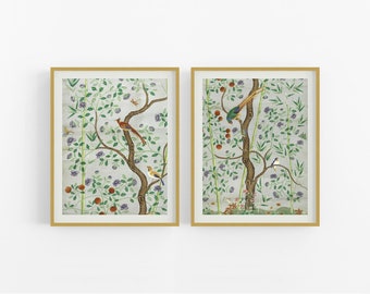 Chinese Birds & Trees Chinoiserie Art Prints - Set of Two / Vintage Art / Chinese Wallpaper / Bird Art / Art / Asian Art / Chinoiserie Art