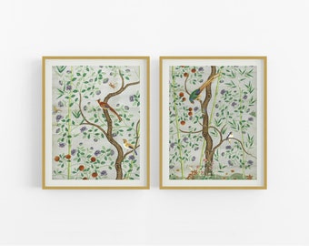 Stampe artistiche per carta da parati in stile Chinoiserie con uccelli e alberi cinesi - Set di due