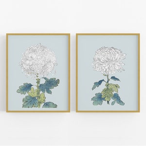 Set of Two Japanese Chrysanthemum Flower Prints in Blue / Vintage Art / Botanical Art / Chrysanthemum Art / Flower Art / Japanese Art / Art