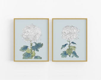 Set of Two Japanese Chrysanthemum Flower Prints in Blue / Vintage Art / Botanical Art / Chrysanthemum Art / Flower Art / Japanese Art / Art