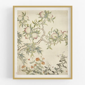 Chinese peaches and flowers chinoiserie art print / art / chinoiserie / chinese art / flower art / wall decor / peaches art / asian art