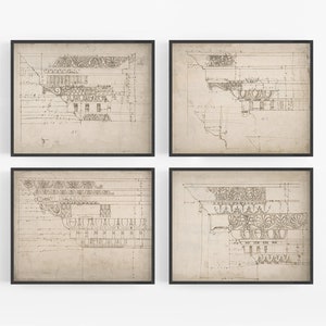 French Architectural Cornice / Column Drawing Art Prints - Set of Four