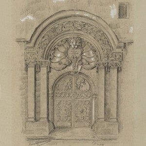 May include: A pencil drawing of a detailed ornate doorway with a carved archway and double doors. The inscription above the door reads "Hotel Chateau Luxembourg".