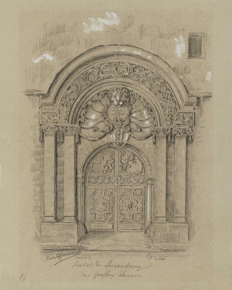 May include: A pencil drawing of a detailed ornate doorway with a carved archway and double doors. The inscription above the door reads "Hotel Chateau Luxembourg".