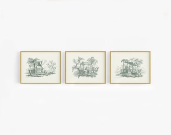 Set of three chinoiserie village scene art prints / vintage art / french art / wall decor / asian art / chinoiserie art / chinese art / art