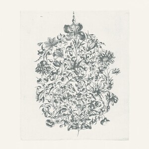 May include: A black and white illustration of a floral design with a variety of flowers and leaves. The design is symmetrical and has a central point at the top.