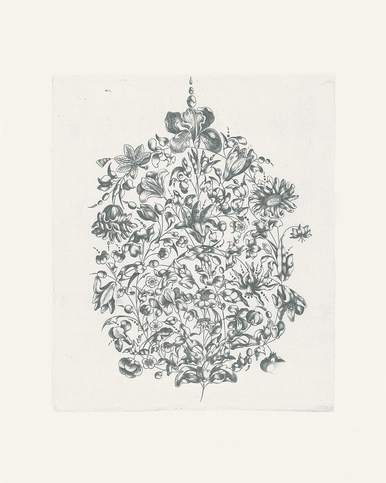 May include: A black and white illustration of a floral design with a variety of flowers and leaves. The design is symmetrical and has a central point at the top.