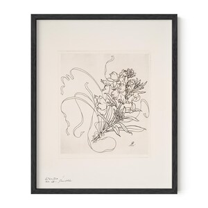 May include: Black and white line drawing of a bouquet of flowers in a frame. The drawing is signed "E.  Faurisson" in the bottom right corner.