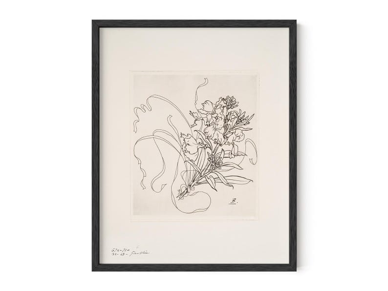 May include: Black and white line drawing of a bouquet of flowers in a frame. The drawing is signed "E.  Faurisson" in the bottom right corner.