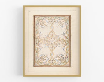 May include: A vintage illustration of a decorative design with intricate floral patterns in shades of blue, green, and gold. The design is framed in a gold frame with a white background.