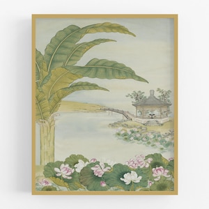 Chinoiserie Pagoda, Lotus Flowers and Palm Tree Art Print